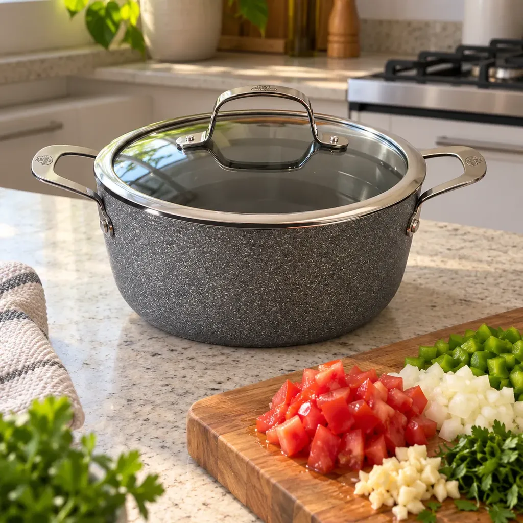 Caçarola Ballarini cinza granito com tampa de vidro na bancada, ao lado de uma tábua com tomate, cebola e pimentão picados