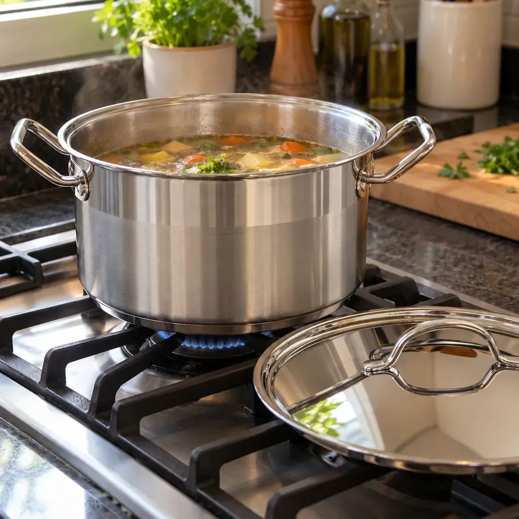 Caçarola Tramontina Professional de inox com sopa de legumes no fogo, a tampa apoiada ao lado na grade do fogão