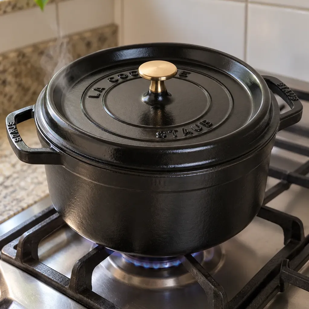 Caçarola Staub preta de ferro fundido, tampada, sobre a chama baixa do fogão de casa, com o azulejo da cozinha atrás