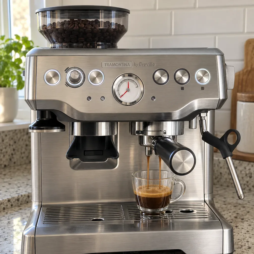 Express Pro tirando um espresso, com o manômetro logo acima do porta-filtro