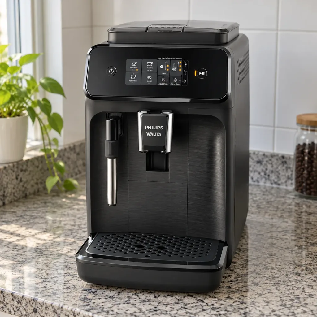 Philips Walita Série 1200 preta sobre a bancada de granito, perto da janela